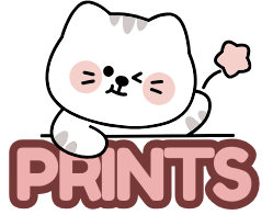 Cartoon cat character with 'PRINTS MUSE' text on a white background