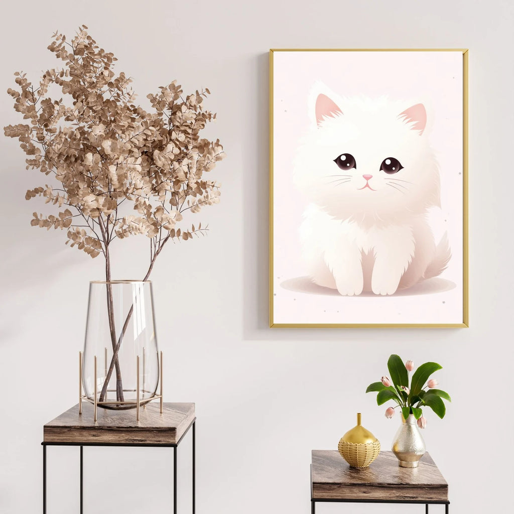 +42 Elegant White Cat with Bow – Minimalist Wall Art Print